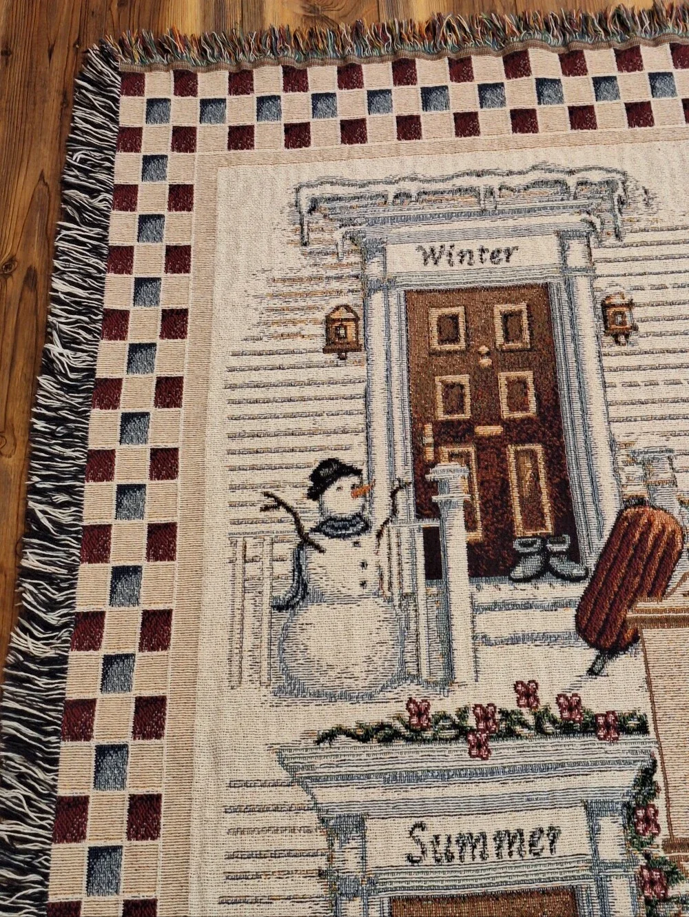 Vtg Four Seasons Woven Tapestry Throw Blanket With Fringe 50x60 Country Cottage